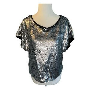 Forever 21 Sequin Top Black Charcoal Mesh Knit Cropped Short Sleeve Round Neck M